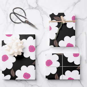 Feuille De Papier Cadeau Motif Fleur rétro en blanc sur noir