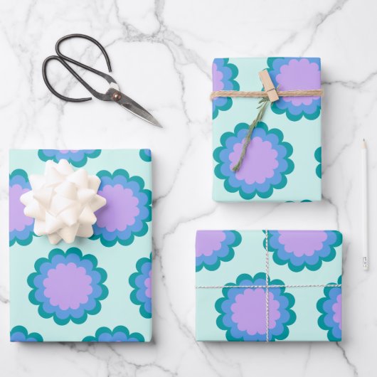 Feuille De Papier Cadeau Motif Fleur rétro mignonne en Mint et violet (Recto)