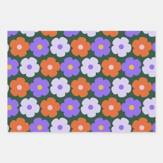 Feuille De Papier Cadeau Motif Fleur rétro mignonne en violet et vert  (Devant 2)