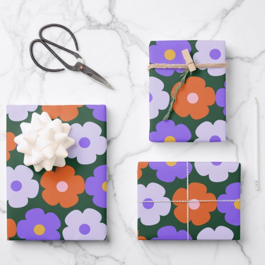Feuille De Papier Cadeau Motif Fleur rétro mignonne en violet et vert (Recto)