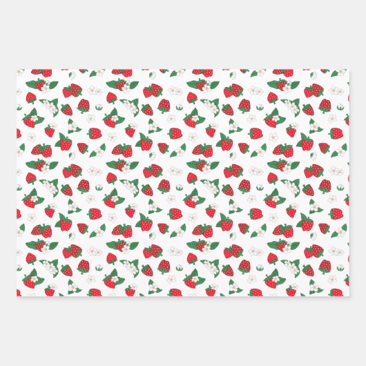 Feuille De Papier Cadeau Motif Fleurs Blanches & Fraises Rouges Sucrées (Devant)