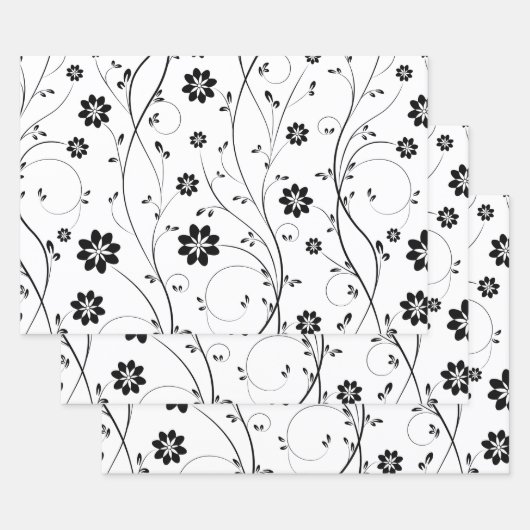 Feuille De Papier Cadeau Motif Fleurs Delicate Noir (Lot)