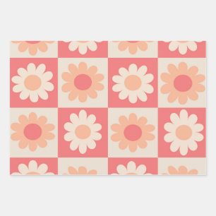 Feuille De Papier Cadeau Motif Fleurs Rétro Pêche Damier 