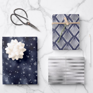 Feuille De Papier Cadeau Motif Flocon de Neige Glamour de Noël Bleu Nuit Ar