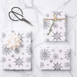 Feuille De Papier Cadeau Motif Flocons de Neige Gris Argent
