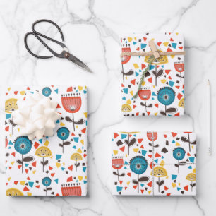Feuille De Papier Cadeau Motif Floral coloré moderne du milieu du siècle