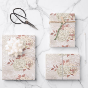 Feuille De Papier Cadeau Motif floral damassé or rose ivoire vintage