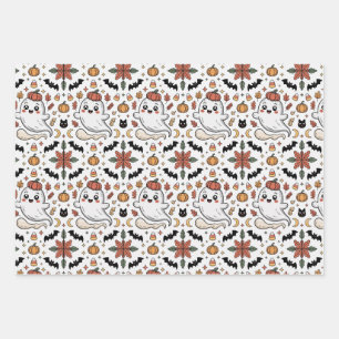 Feuille De Papier Cadeau Motif floral de citrouille d'Halloween avec fantôm