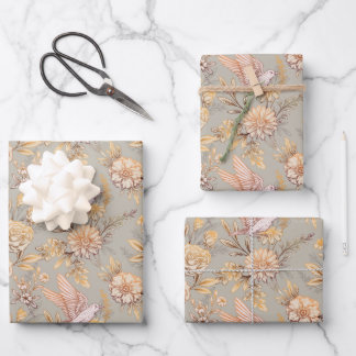 Feuille De Papier Cadeau Motif floral d'oiseau orné