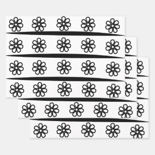Feuille De Papier Cadeau Motif floral noir et blanc