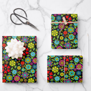 Feuille De Papier Cadeau Motif floral rétro sans couture avec couleurs néon
