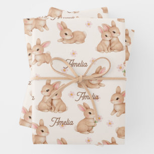 Feuille De Papier Cadeau Motif floral rose Lapin doux Nom