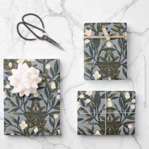 Feuille De Papier Cadeau Motif floral sur fond bleu-gris poussiéreux