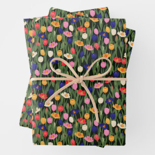 Feuille De Papier Cadeau Motif floral tulipes tiges vertes fleurs 