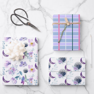 Feuille De Papier Cadeau Motif Floral Violet Avec Lune