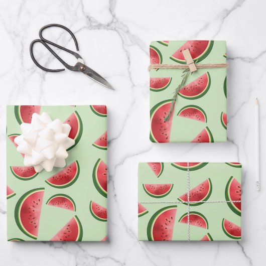 Feuille De Papier Cadeau Motif Fruit De Pastèque Sur Vert (Recto)
