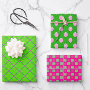 Feuille De Papier Cadeau Motif géométrique varié vert et rose vif