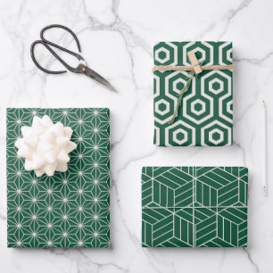 Feuille De Papier Cadeau Motif géométrique vert + blanc  
