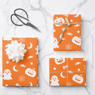 Feuille De Papier Cadeau Motif Halloween Citrouille Araignée Lune Orange Fa