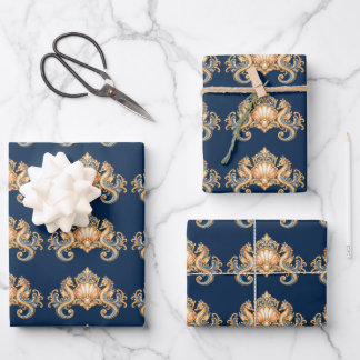 Feuille De Papier Cadeau Motif hippocampe bleu orange découpage