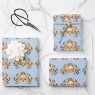 Feuille De Papier Cadeau Motif hippocampe bleu pastel orange nautique