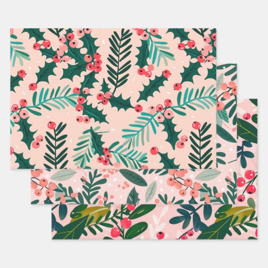 Feuille De Papier Cadeau Motif Holly Berries (Lot)