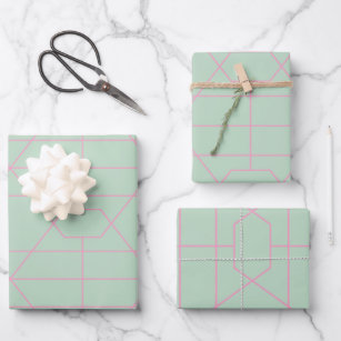 Feuille De Papier Cadeau Motif Lignes géométriques vert et rose