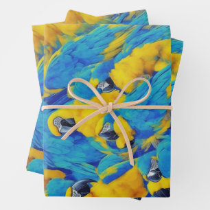 Feuille De Papier Cadeau Motif Macaws bleu et or