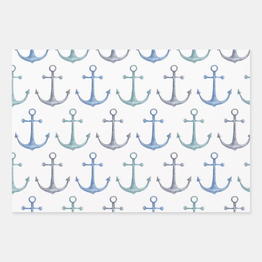 Feuille De Papier Cadeau Motif nautique bleu aquarelle. Poisson, baleine (Devant 2)