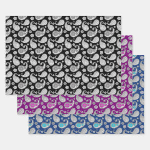 Feuille De Papier Cadeau Motif Paisley, Argent sur noir, violet et bleu
