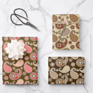 Feuille De Papier Cadeau Motif Paisley, Brown, beige et corail orange