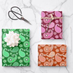 Feuille De Papier Cadeau Motif Paisley, Emerald, Bourgogne et orange