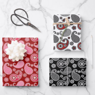 Feuille De Papier Cadeau Motif Paisley, noir, blanc et rouge
