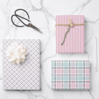 Feuille De Papier Cadeau Motif pastel de carreaux et de rayures rose, menth