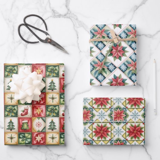Feuille De Papier Cadeau Motif patchwork classique rouge et vert de Noël (Recto)