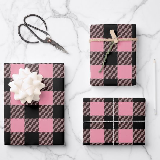 Feuille De Papier Cadeau Motif Plaid de Buffalo Rose Noir (Recto)