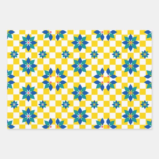 Feuille De Papier Cadeau Motif Retro Chess Checker fleurs bleues (Devant 2)