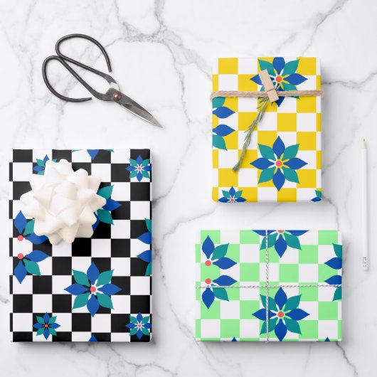 Feuille De Papier Cadeau Motif Retro Chess Checker fleurs bleues (Recto)