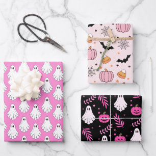 Feuille De Papier Cadeau Motif rose et noir Halloween mignon et effrayant