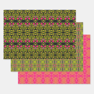 Feuille De Papier Cadeau Motif rose et vert noir
