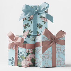 Feuille De Papier Cadeau Motif rose floral élégant bleu Damask