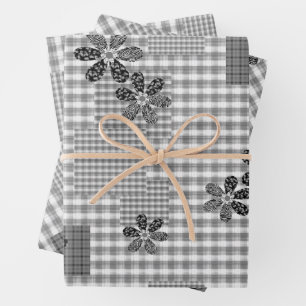 Feuille De Papier Cadeau Motif rustique en patchwork noir et blanc rétro