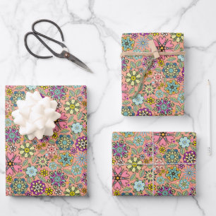Feuille De Papier Cadeau Motif sans couture aux couleurs de fleurs rétro de
