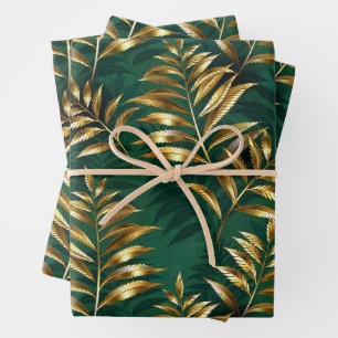 Feuille De Papier Cadeau Motif sans couture avec des fougères dorées