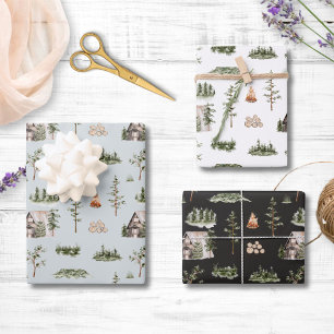 Feuille De Papier Cadeau Motif sans couture de cabane de forêt à l'aquarell