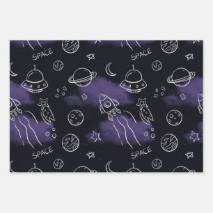 Feuille De Papier Cadeau Motif sans couture de l'espace extérieur violet fa