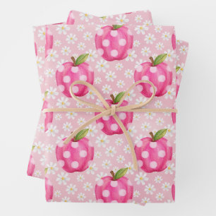 Feuille De Papier Cadeau Motif sans couture Pomme et Marguerite à pois rose