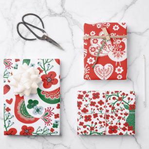 Feuille De Papier Cadeau Motif scandinave de Noël avec fleurs et oiseaux