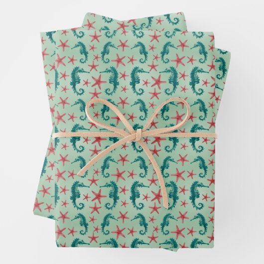 Feuille De Papier Cadeau Motif Seahorse turquoise (En situation)