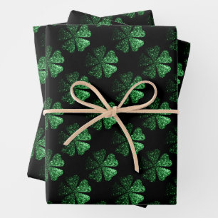 Feuille De Papier Cadeau Motif Shamrock brillant vert foncé sur noir
